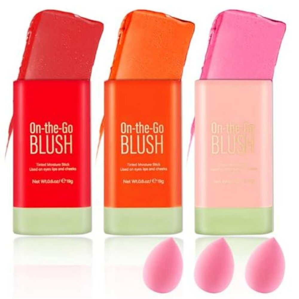 Cream Blush Sticks for Cheeks Gift Set with Makeup Sponges,Lightweight Solid